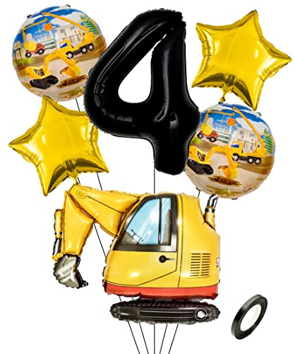 Kawailay Construction Company 4 anniversaire fête ballon 4 anniversaire décoratif construction ballon pelle géante bulldozer Foil ballon noir 4 ans ballon à hélium Fête d'anniversaire garçon