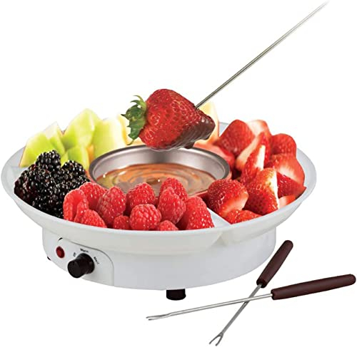 HSRG Fondue De Chocolate, Juego De Ollas Eléctricas para Derretir Chocolate con 4 Tenedores De Acero, Tazón De Acero Inoxidable Y Bandeja para Servir Fiestas, para Chocolate De Fusión Rápida - Blanco