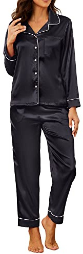 U2SKIIN Women Silk Pajamas Set, Long Sleeve Satin Pajamas for Women Sleepwear Button Down Pjs Set Two-piece(Black, S)