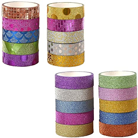 PFLYPF Lot de 20 rubans Washi à paillettes - Ruban adhésif scintillant - Pour bricolage, décoration de fête, scrapbooking, décoration de cadeau