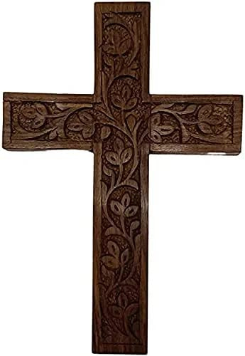 IBLAY Wall Mounted Wall Hanging Wooden Christ Cross Crucifix Catholic Rosewood Crucifix for Home, Church and Chapel Decoration (cross_carving_7.5x5)