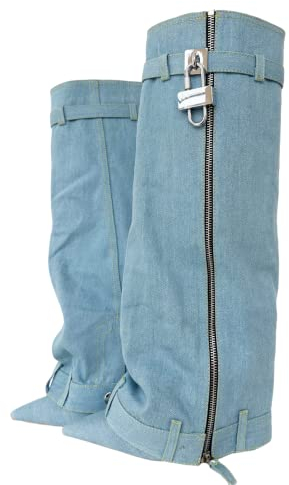 Frankie Hsu Fashion Designer Moderne Sexy Femmes Hommes Shark Boot Grande Taille Vert Cuir Synthétique Wedge Talons Hauts Genou Talons Hauts Veau Long Pantalon Bottes US4-14, bleu ciel, 41 EU