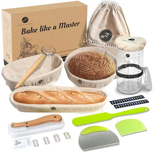 Banneton Bread Proofing Basket - A Complete Sourdough Bread Baking Supplies - Bread Baking Supplies - Sourdough Starter Jar - Indonesian Proofing Basket Set of 22-9 Round, 10 Oval, 15Baguette