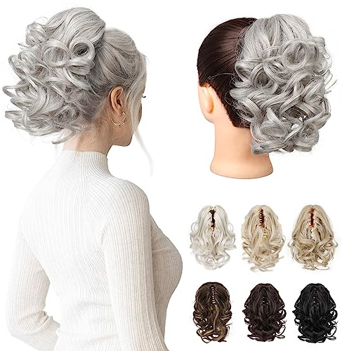 REECHO Ponytail Extension - 23 cm Kurze lockige gewellte Haarklammer Haarteil Pferdeschwänze Haarverlängerungen Haarteile für Frauen Ponytail Extension - Silber Grau