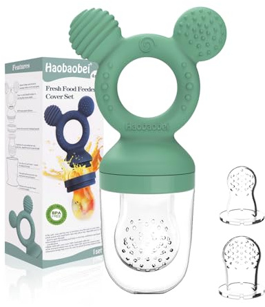HAOBAOBEI Baby Fruit Feeder, Frozen Teething Toys, Teether Pacifier with 3 Extra Teats, Infant Eating Essentials, BPA Free Baby Feeding Supplies (Grass Green)