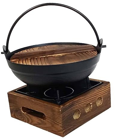 Hoement Marmite Japonaise En Fonte Petite Taille Pour Fondue Japonaise, Chaudron En Fonte Résistante à La Chaleur Avec Support En Bois, Ustensile Cuisine Japonaise Traditionnelle Et Camping