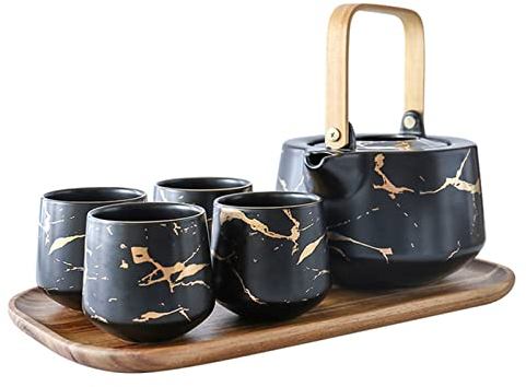 FnnEmg Emaille Tasse Marmorierender Haushalts-Tee-Set Japanischer Stil Schwarz-Weiß-Keramik-Nachmittag Teeschale mit Akazien-Mangiumbasis-Unterstützung-Teekanne Porzellantasse (Size : Other)