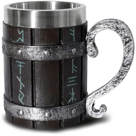 Tasse Viking nordique, chope à bière en bois de chêne, doublure en acier inoxydable, mythologie nordique, runes vikings, tasse à café pour hommes, cadeau de fête des pères, grande tasse à bière