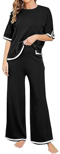 MJGkhiy Tuta Maglia Donna Completa Elegante Set Tute In Maglia Due Pezzi Set Coordinato Tuta Casual Lavorati Maglione a Maniche Corta Pullover Top e Pantaloni a Gamba Larga Completi Per La Casa
