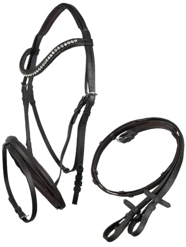 Brama West Leder Reithalfter Arthur - englisch kombiniert - Ledertrense mit Antislip Zügel und Strasssteinen - Dunkelbraun, Gr. Pony
