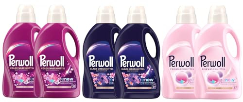 PERWOLL Flüssig-Set 6x 27 Waschladungen (162WL) 2x Black Blütenmeer & 2x Color Blütenrausch & 2x Für Wolle & Feines, Feinwaschmittel-Set reinigt sanft und erneuert Farben und Fasern