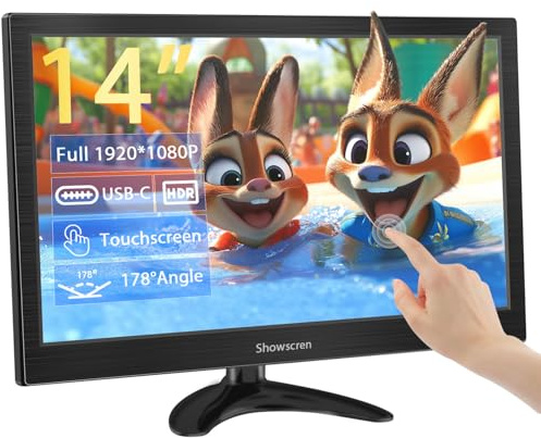 Showscren 14 Inch Touch Screen Laptop Monitor FHD HDR 1080P 100% sRGB Small PC Monitor with HDMI/USB-C Port, Multifunctional Support, Built-in Speakers