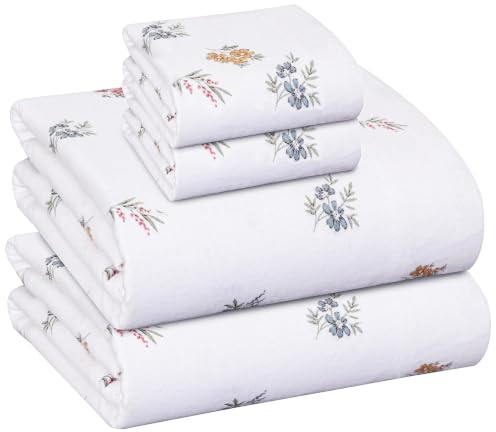 RUVANTI Flannel Sheets Queen Size - GOTS Certified 100% Organic Cotton, 4 Piece Warm, Soft & Breathable Set, Deep Pocket Snug Fit, Double Brushed Cozy All Season Bedding, Floral