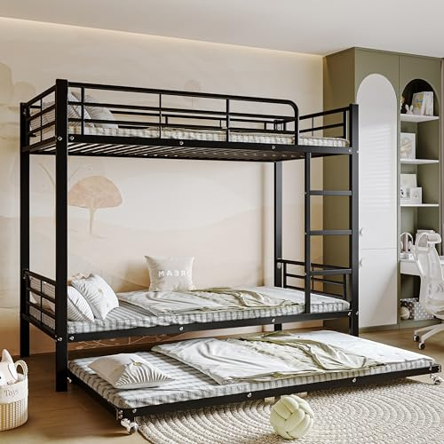 Kayan Metallbett Etagenbett mit Ausziehbett, Bettgestell mit Leiter und Fallschutzgitter, Hochbett Eisenbett für Kinder Jugendliche und Erwachsene, Schwarz, 90x200cm&90x190cm