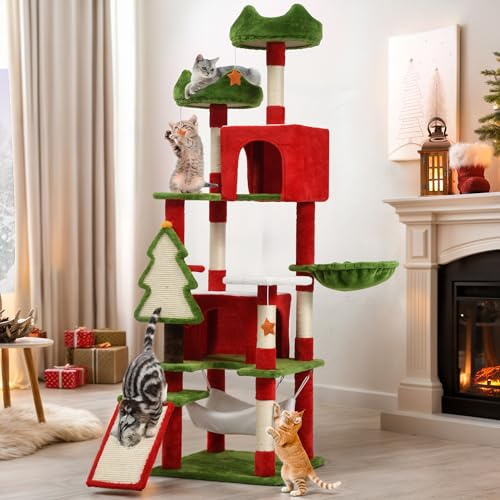 YITAHOME 190 cm großer Kratzbaumturm mit Eigentumswohnungen, oberen Sitzstangen, Hängematte, Pfosten und Sisal-Kratzbrett, Kätzchenspiel-Aktivitätscenter, Weihnachtsdekoration