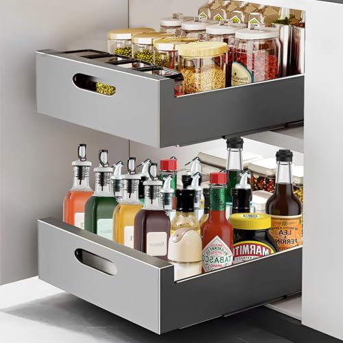 GBACHOOSE 2 Stück Ausziehbare Schublade Küche(43cm T x 25cm B x 8cm H), Teleskopschublade Nachrüsten, Küchenschrank Organizer Ausziehbar für Küchenschränke, Wohnzimmer, Home, Schwarz