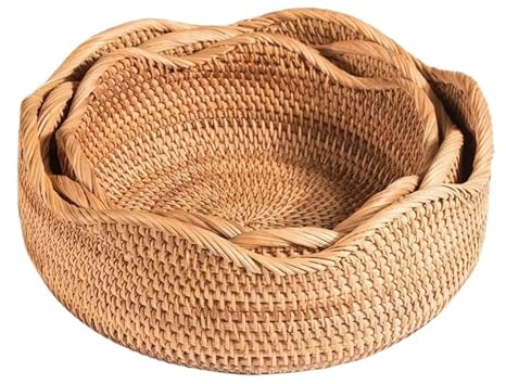Fruteros De Cocina Cesta de mimbre redonda tejida a mano for guardar frutas, té, bocadillos, pan, picnic, caja de almacenamiento for bocadillos, cesta for suministros de cocina, bandeja for frutas(3PC
