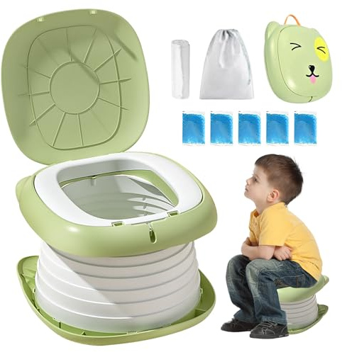 Toilettensitz, Toilettensitz Für Junge und Mädchen, Tragbares Klapptöpfchen, Klapptoilette Falttoilette, Toilette für Unterwegs, Töpfchen Falttoilette, Baby Toilette mit Ersatztaschen (Grün) (Grün)