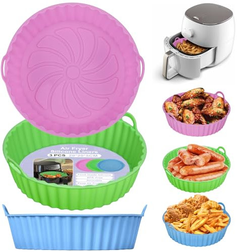 Alyvisun Air Fryer Silicone Liners, 3PCS Reusable Airfryer Basket Baking Tray Inserts Versatile Round Rack Pot for Microwave, Oven (Pink+Green+Sky Blue)