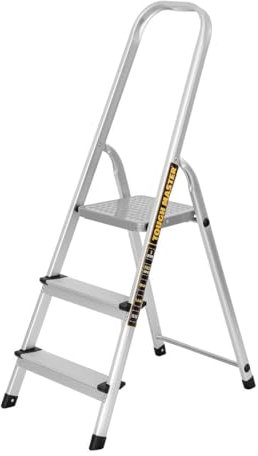 TOUGH MASTER Aluminium Folding Step Ladder Tread Ladders Anti-Slip Steps Top Handrail with Rubberised Plastic Feet Max Load 150Kg – EN131 Safety Standard, Silver (3 Steps)