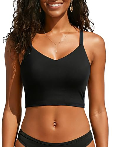 Aqua Eve Women's Sport Bra Swim Top - 2025 Crop Bikini Top Modest V Neck Bathing Suit Black M