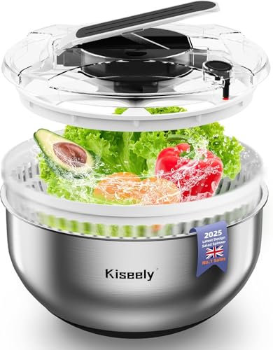 Stainless Steel Salad Spinner, Easy Press Large Vegetable Dryer Washer, 4.2Qt Fruit Washer with 304 Stainless Steel Bowl for Lettuce, Vegetable, Herbs, Berries (QE1)