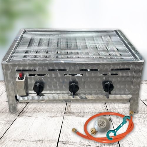 Edelstahl Gastrobräter 3-flammig mit Rost-Set Profi Gasgrill - Made in Germany | mit Gasschlauch und Druckminderer | Gastrogrill Gas | Tischgasgrill | Bräter | Gastronomie | Gasbräter | Eventgrill