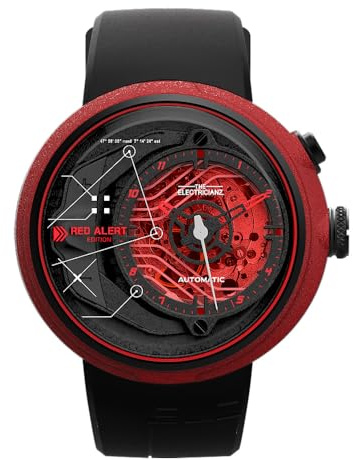 The Electricianz Red Alert Mechanische Herrenuhr, Stahl, Kautschuk, PVD, Rot, LED, Schwarz