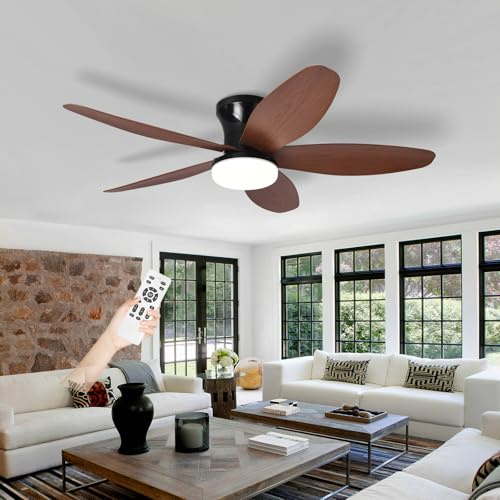 Ceiling Fans with Lights and Remote, Fan Lights Led Ceiling for Bedroom, Indoor 5 Blades Silent Large Fan Lamp, Dimmable 6-spd Reversible DC Motor with Timer for Living Room-Black+WoodGrain||42in