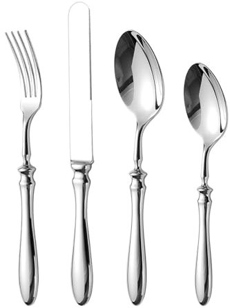 Set de cubiertos: tenedor y cucharada de platos | Lavavajillas -a prueba de Set de cubiertos de cocina | Accesorios de 4 partes de Esskleck | Hecho de acero inoxidable inoxidable con cuchillo de carne