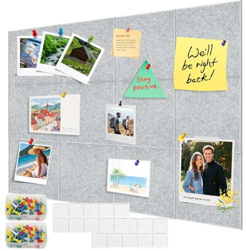 Filt anslagstavla stor självhäftande 30 x 30 cm, filt väggplattor med tryckstift, filtbräda memotavlor memobrädor bulletin board väggdekoration för kontor kök, foton memos (silvergrå – 12 stycken)