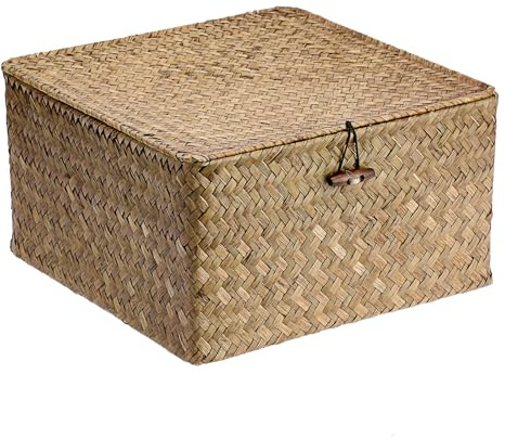 IGNPION Cesta de almacenamiento de hierba marina con tapa, cesta de mimbre tejida rectangular para escritorio, caja organizadora de almacenamiento para baño, sala de estar, cesta de almacenamiento