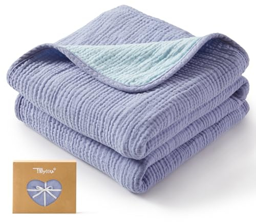 TILLYOU 1er Set Musselin Decke 4-lagig Pucktuch Baby 75x100 cm Musselintücher Baby Tuch 100% Baumwolle Babydecke, Blau & Hellblau
