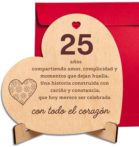 CUBIBOO ART Tarjeta de Madera en Forma de Corazón Regalo 25 Aniversario Boda – Detalle Bodas de Plata – Detalle Hecho a Mano para Parejas
