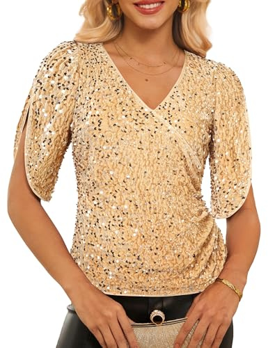 GRACE KARIN Damen Pailletten Bluse Vintage 1980er Oberteile V-Ausschnitt Elegante Chor Disco Rockabilly Outfit Champagner-Gold S