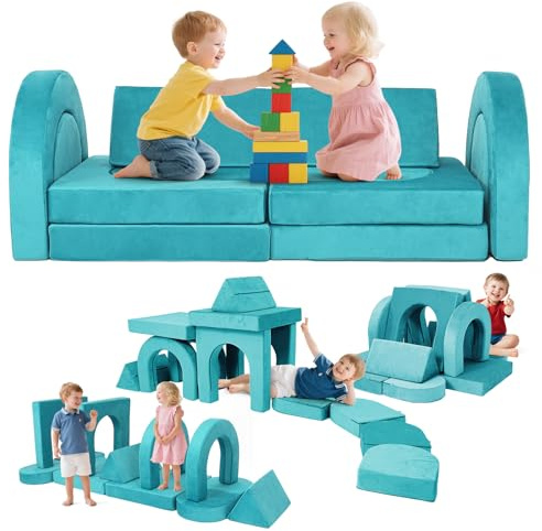 FURNAWAY 12pcs Modular Kids Play Couch - DIY Creativing Kids Couch for Boys and Girls Toddler Sofa Children Convertible Foam Sofa for Playroom Living Room(Cyan)