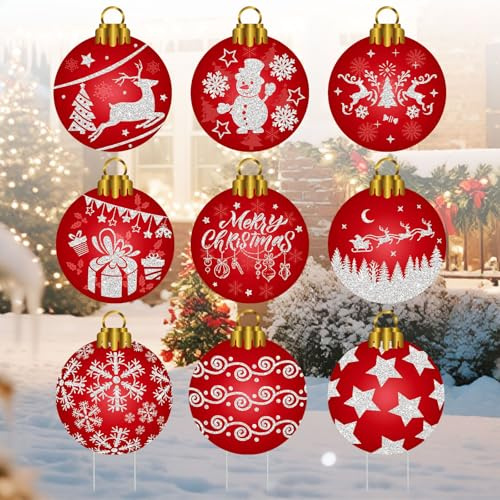Fukaisu 9 Stk Weihnachtskugeln für den Garten, 32x26cm Rot-Weißes Weihnachtsschild mit Erdspieß Schneeflocken-Schneemann-Dekoration für die Feiertage und den Winter