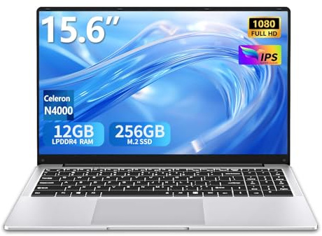 Ordinateur Portable 15,6 Pouces 12 Go RAM 256 Go SSD N4000 Processeur Écran IPS Full HD PC Portable WiFi 5 BT Mini HDMI Charnière à 180 Degrés Poids 1,6kg pour Les Étudiants et Les Entreprises.