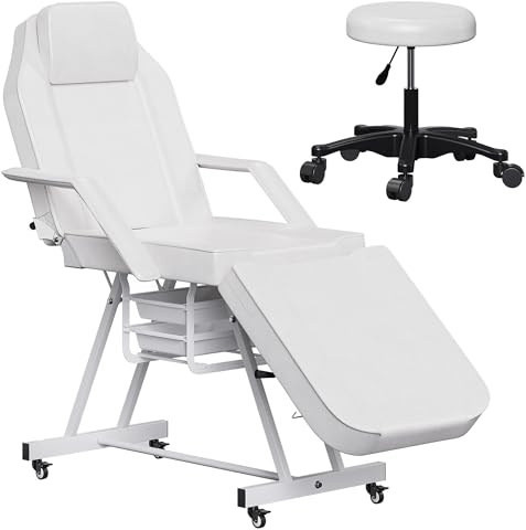 Anunweldo Mobile Massageliege/Tattooliege mit Verstellbarer Rückenlehne, inkl. höhenverstellbarem Drehhocker und Aufbewahrungsboxe(Weiß)