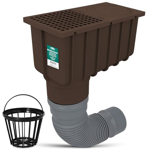 Millto Pozzetto Di Scarico Per Grondaia 110/125 mm Raccoglitore Pluviale Da Giardino Apribile Innesto Tubo Pluviale Pozzetto Di Ispezione Con Griglia Tubo Flessibile 340‑400 Marrone