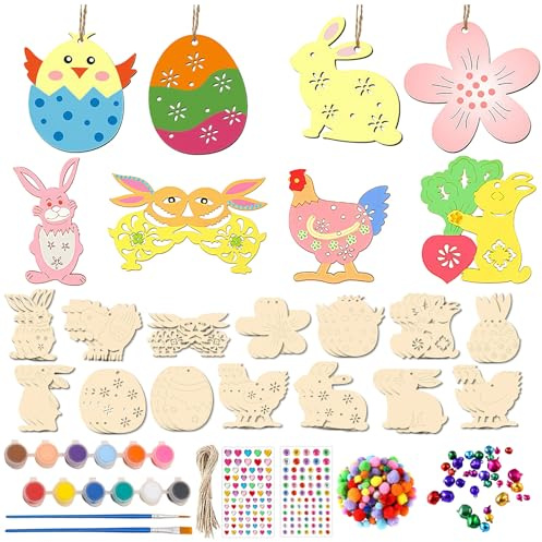 PIujsym 128-teiliges Holz Set ostereier zum bemalen, kreatives basteln ostern für Jugendliche, bunte osterdeko zum aufhängen, tolles bastelset als ostergeschenk Frühlingsdeko