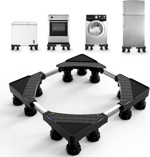 DEWEL Washing Machine Stand with 12 Strong Feet, Universal Refrigerator Stand for Washer Cookers Fridges Max Load 500 kg, Adjustable Width and Height, Mini Fridge Stand (Black)