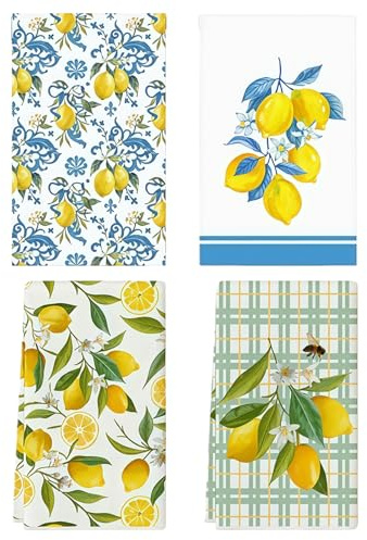 4 Stück Küchenhandtücher Set Zitrone Blau Gelb Geschirrtücher Saugfähig 40x70 40x60 Cm Baumwolle Zitronen Deko Für Sommer Frühling Teehandtücher Küchentücher Dekoration Für Die Küche,Deko Frühling