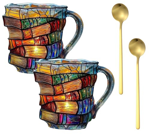 Hocklliy Painted Book Mug Funny 3D Book Coffee Mug with Spoon Stacked Books Cup for Hot Cold Drinks