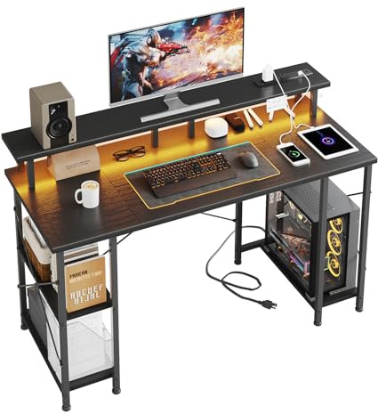 MUTUN Gaming Desk with LED Lights & Power Outlets, 120×50cm Computer Desk with Storage Shelves & Dual Monitor Stand, for Home Office Study Bedroom Small Spaces,Black