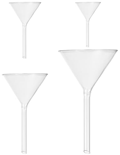 EXAOMBLE Juego de 4 Embudos de Vidrio Multiusos para Laboratorio, Embudos de Tallo Corto para Líquidos y Llenado de Botellas Pequeñas