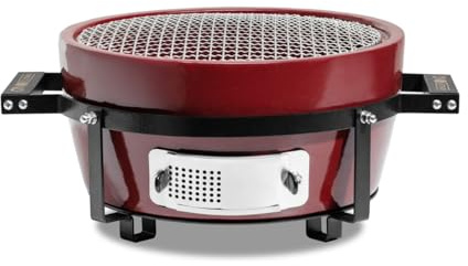 Kamado Bono HIBACHI EVO Tischgrill Keramik Royal Red Rund – Mini Holzkohlegrill Ø35 cm, Japanischer Hibachi Grill für Tisch, Balkon & Outdoor