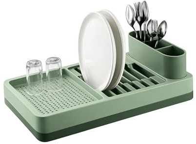 Geschirrabtropfgestell Kompakter Geschirrständer mit Besteckhalter, Abtropfgestell für Küche, BPA-frei, Modular & Platzsparend, Geschirrablage für Teller, Gläser, Besteck (42 x 26 x 12 cm) (Grün)