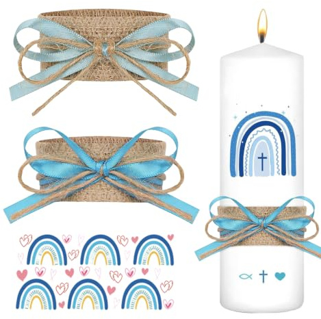 PYRUVAE 2 Pièces Décorations de Bougie Baptême et Communion - Rubans Anti-Gouttes avec Autocollants Décoratifs - Ornement de Bougie pour Garçon, Cérémonie Religieuse (Bleu)
