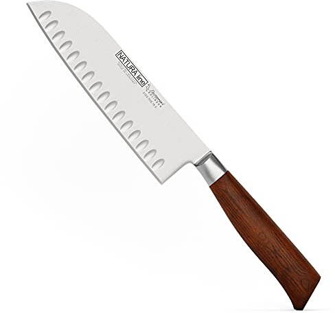 Burgvogel Solingen Natura Line, Santokumesser Holzgriff, rot satiniert, geschmiedet, 18 cm mit Kullenschliff, sehr scharfes Japanisches Kochmesser rostfrei, Made in Germany
